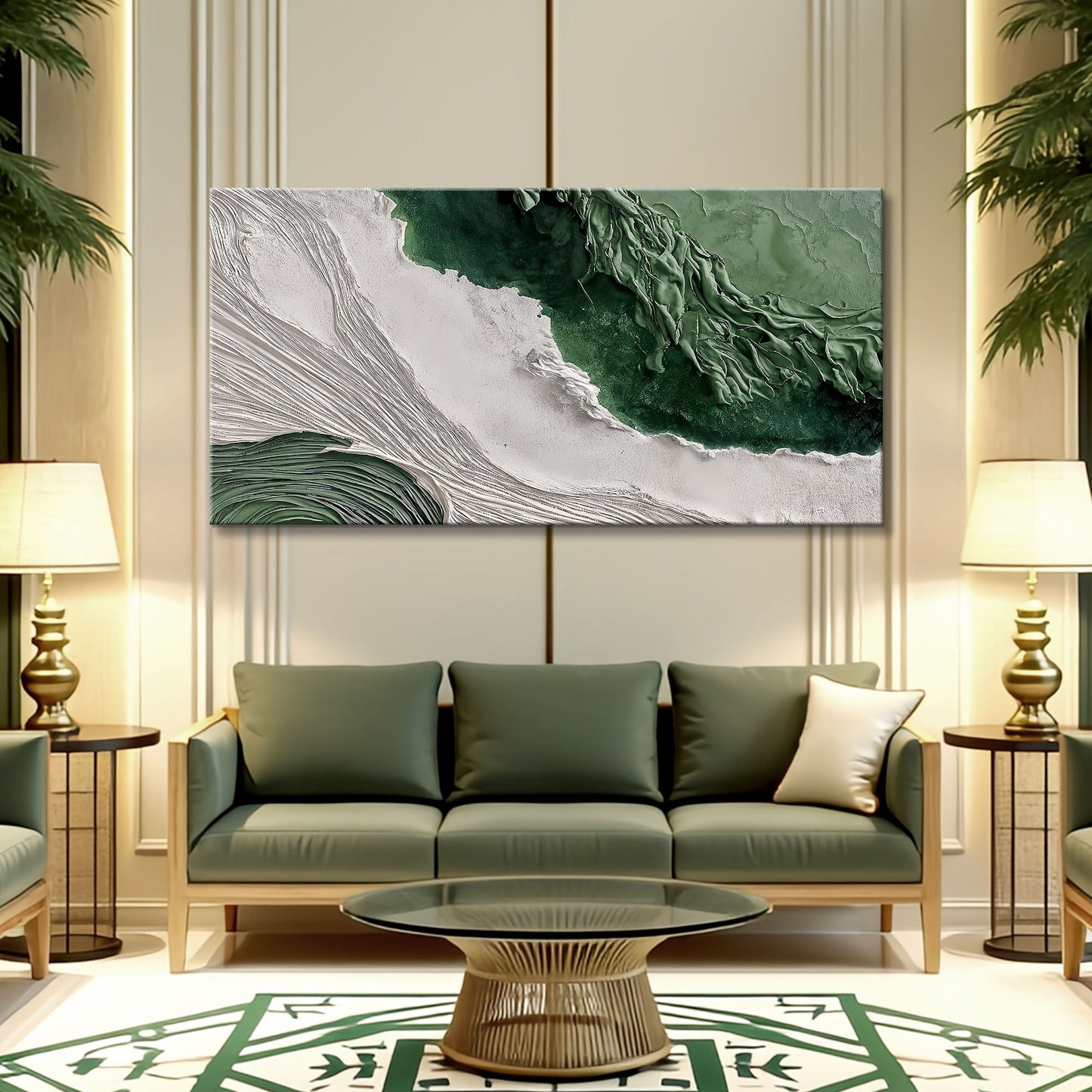 Green rivers abstract canvas wall art with cool flowing color, ready to hang