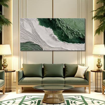 Green rivers abstract canvas wall art with cool flowing color, ready to hang