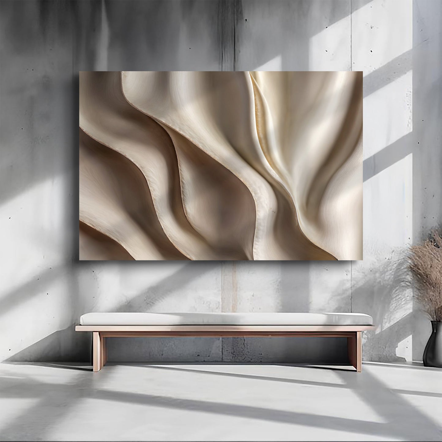 3D abstract waves canvas wall art with layered neutral tones, ready to hang