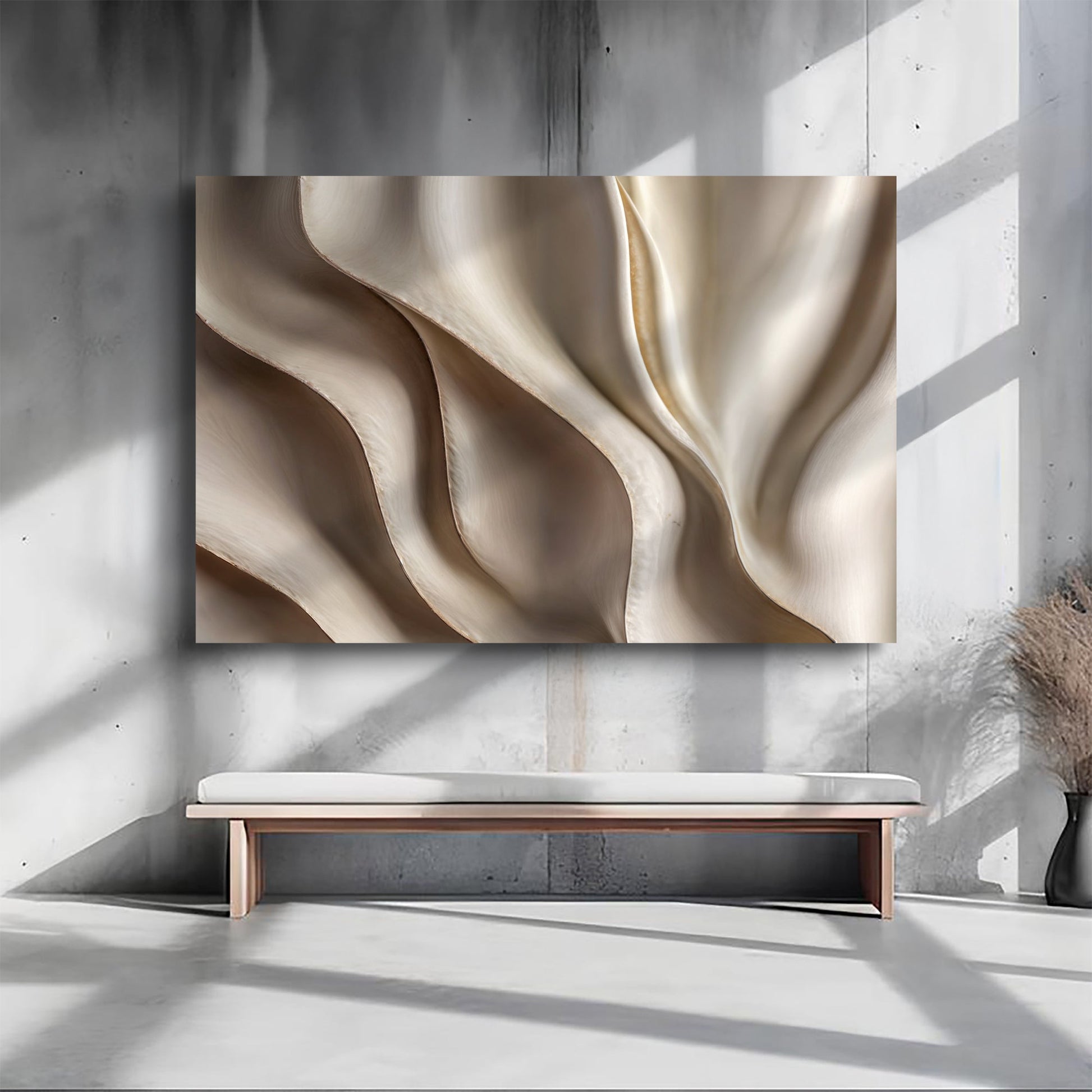 3D abstract waves canvas wall art with layered neutral tones, ready to hang