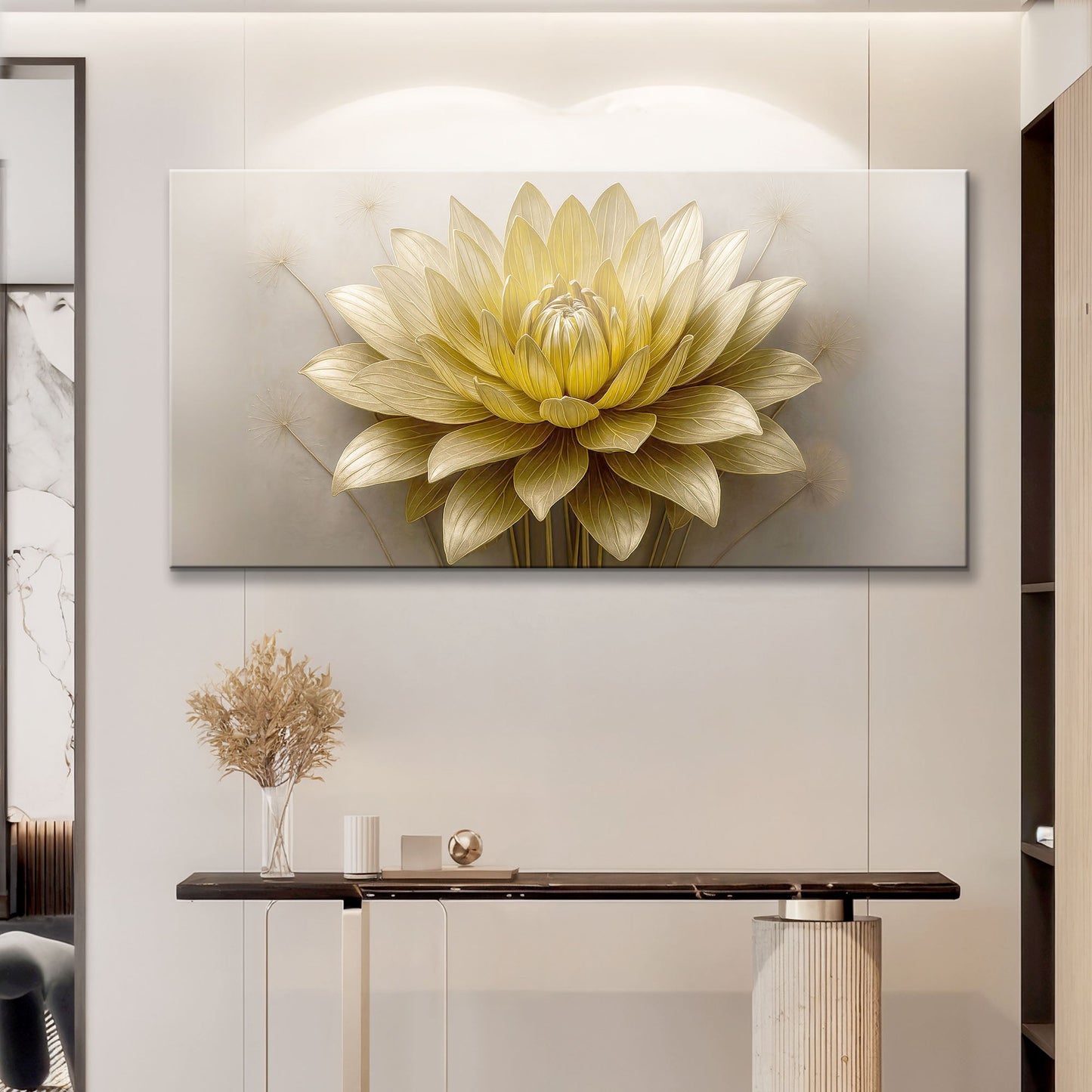 Golden lotus minimalist abstract canvas wall art with clean line lotus in gold on dark background