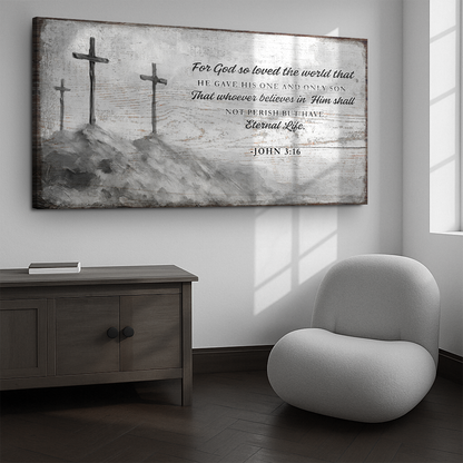 Three crosses on a grey hill beside John 3:16 in dark script on pale grey