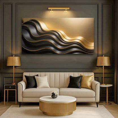 Black and gold minimalist abstract canvas wall art with clean shapes, ready to hang