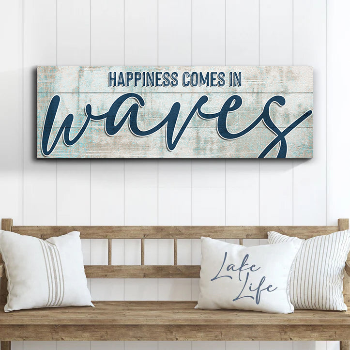 Happiness comes in waves beach canvas wall art with breezy coastal message