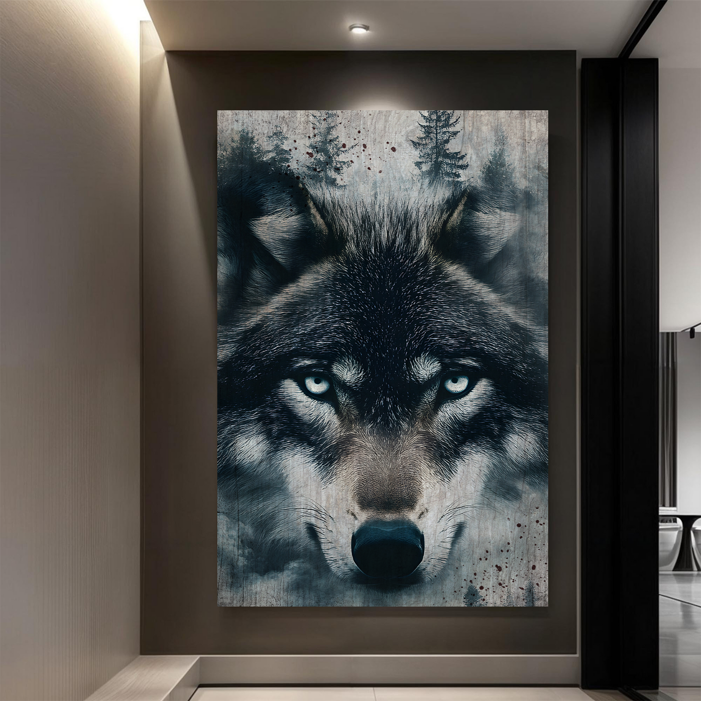 Wolf double exposure canvas wall art III with moody forest mountain overlay