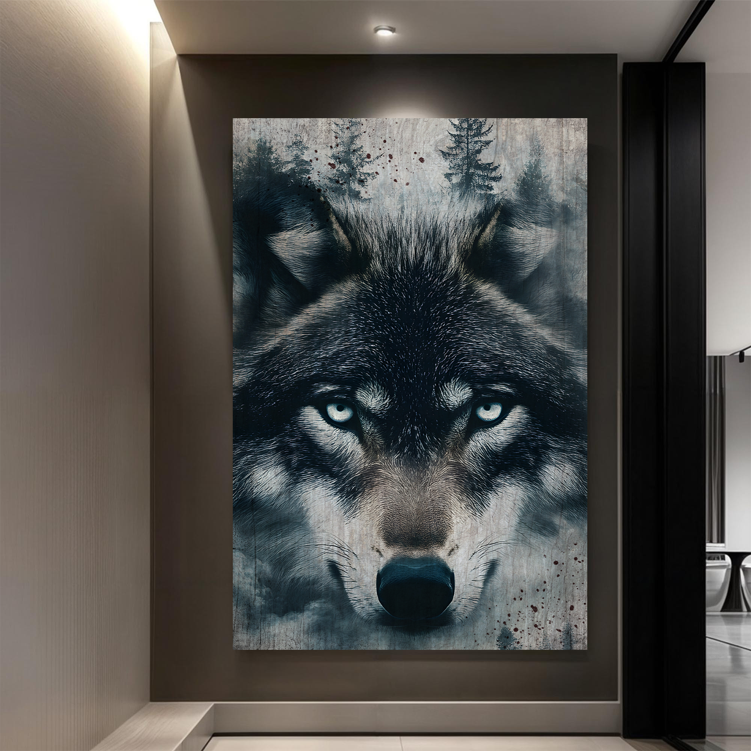 Wolf double exposure canvas wall art III with moody forest mountain overlay