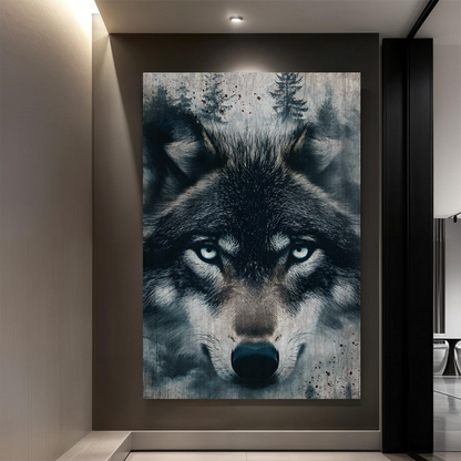 Wolf double exposure canvas wall art III with moody forest mountain overlay