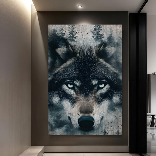 Wolf double exposure canvas wall art III with moody forest mountain overlay