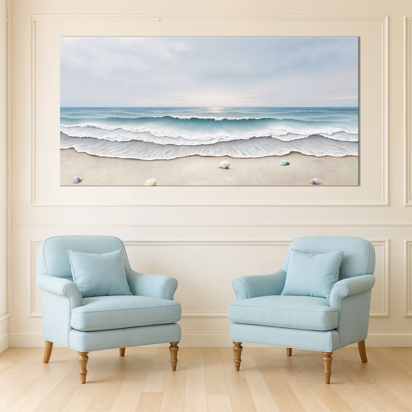 Serene ocean wave coastal canvas wall art in calm airy tones, ready to hang
