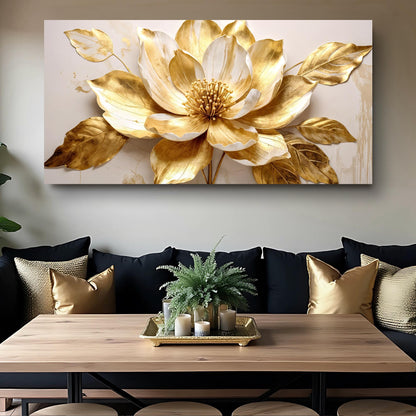 Golden dandelion minimalist abstract canvas wall art in warm gold tones, ready to hang