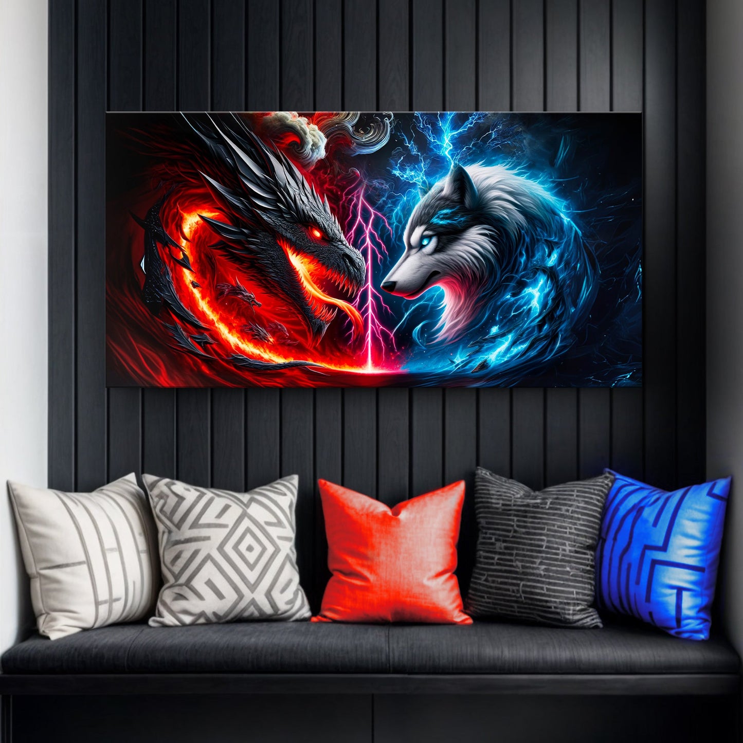 3D dragon and wolf canvas wall art design six