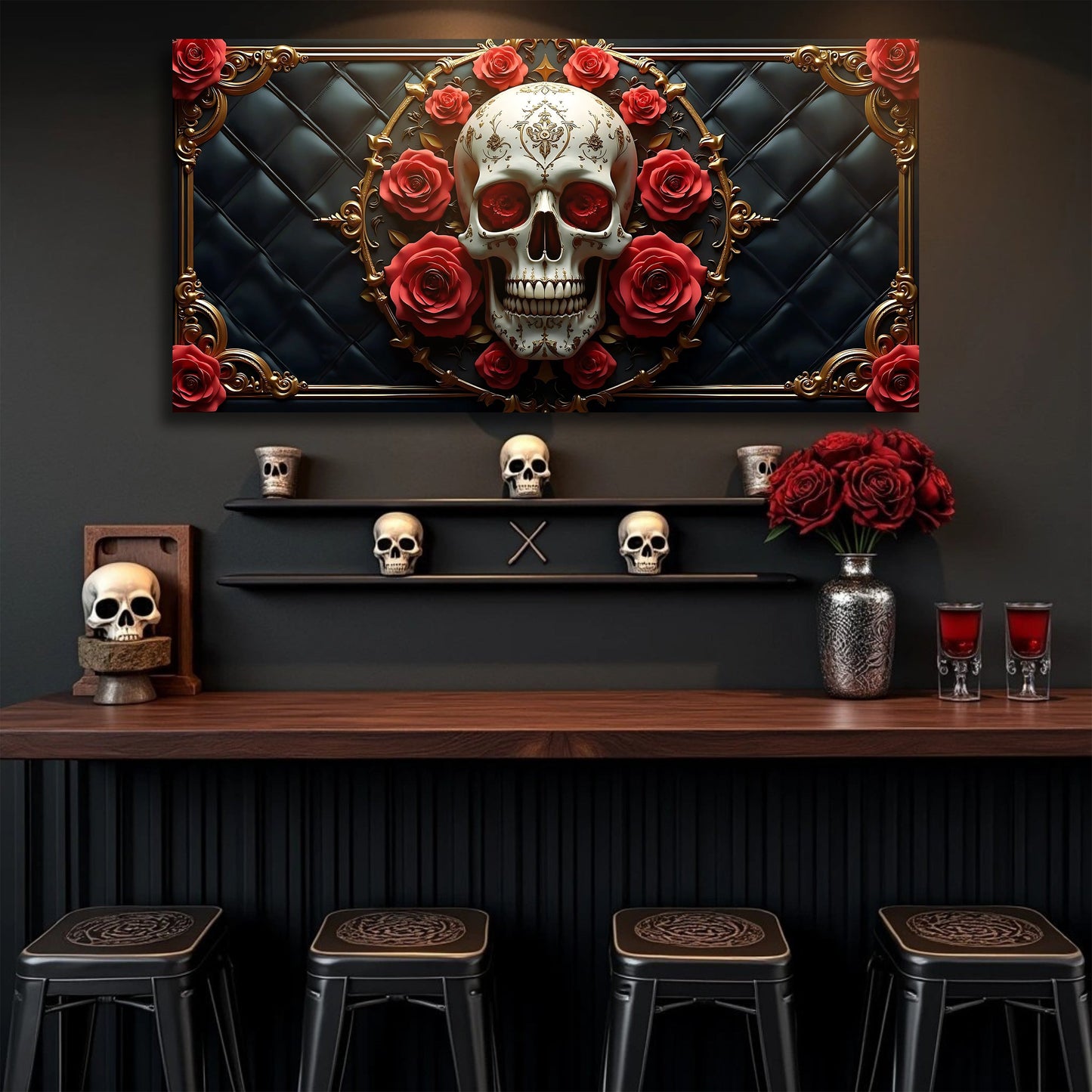 3D rose and skull canvas wall art design seven
