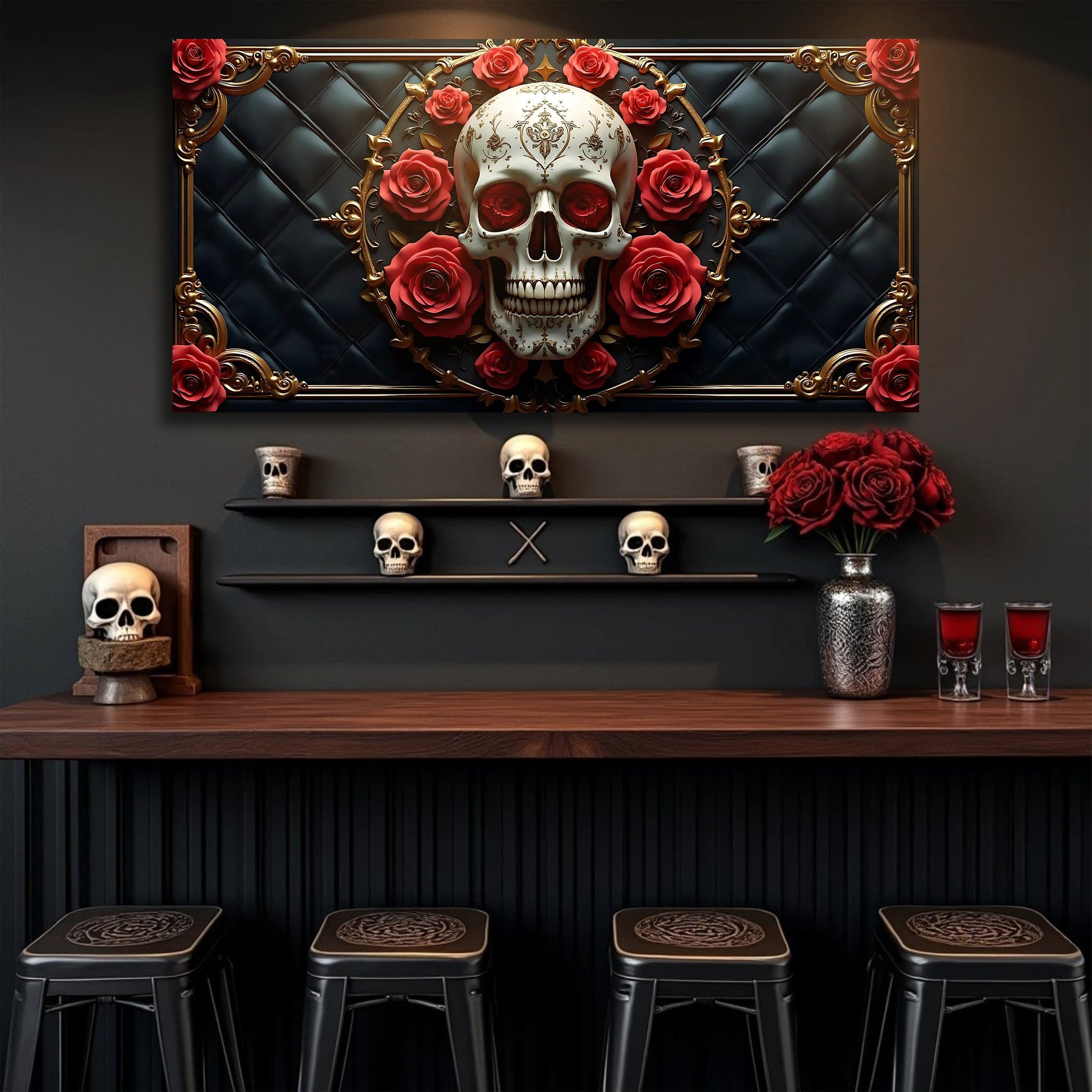3D rose and skull canvas wall art design seven
