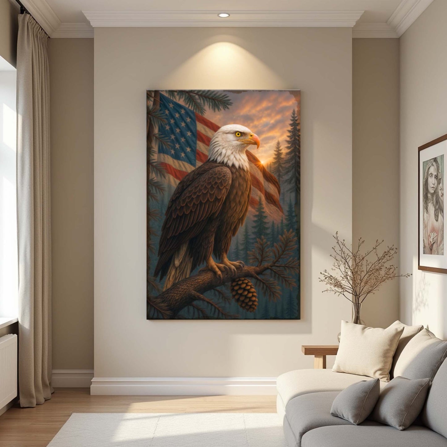Sentinel of the Pines eagle canvas wall art with majestic bald eagle perched among pine trees