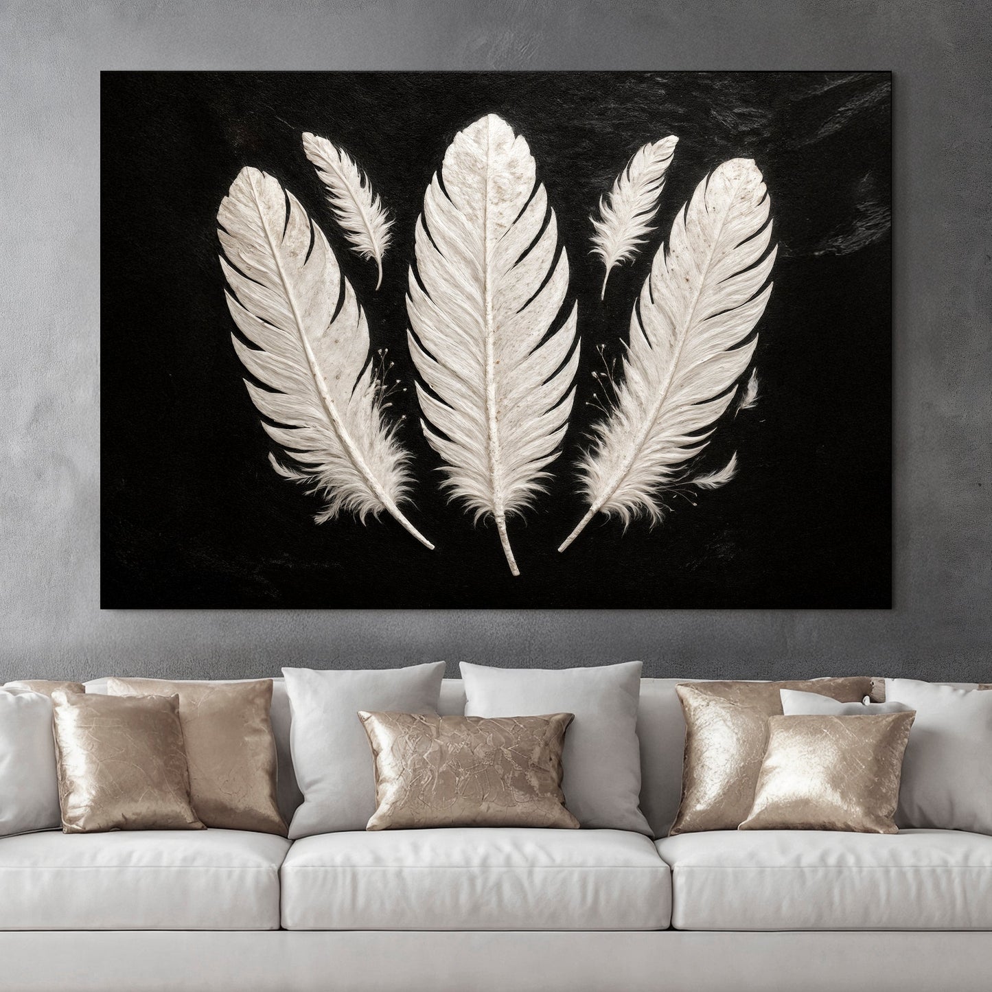Minimalist monochrome feather canvas wall art — delicate feather black and white gallery wrapped