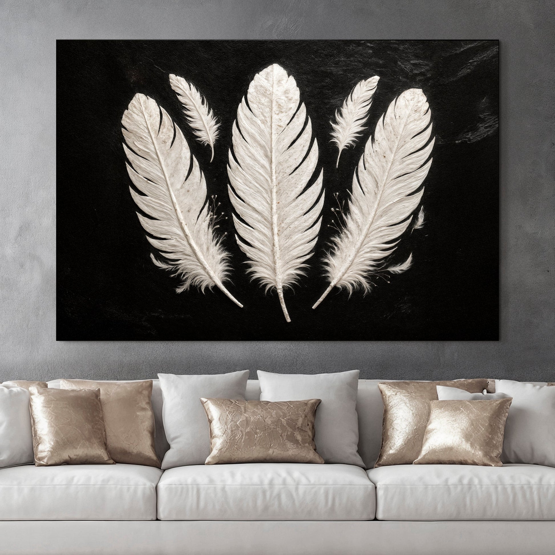 Minimalist monochrome feather canvas wall art — delicate feather black and white gallery wrapped