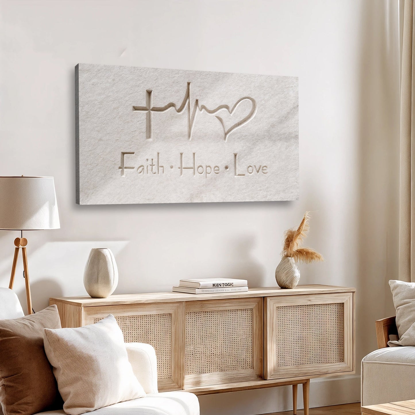Faith hope love canvas wall art IV, wide horizontal Christian wall art decor