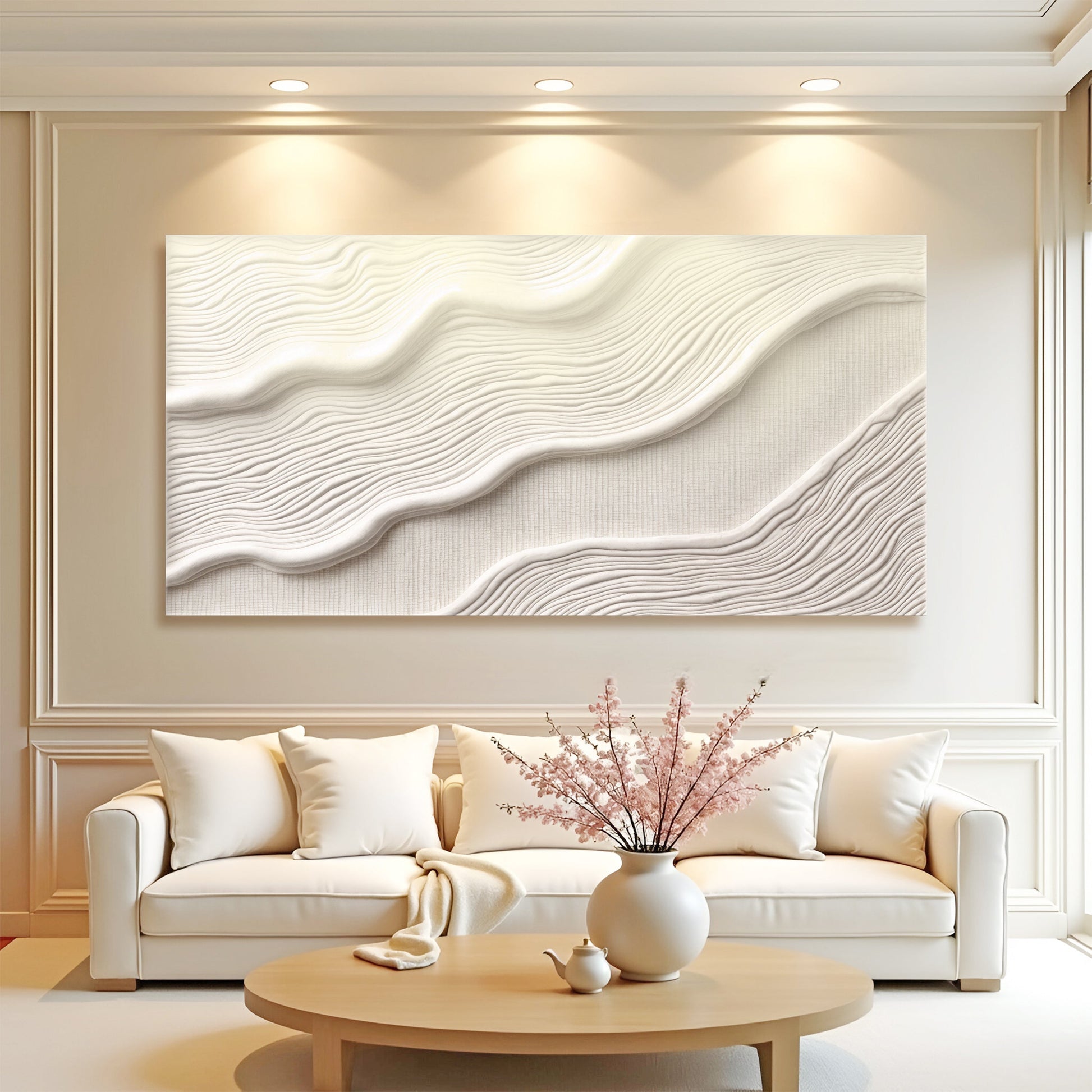 Ivory abstract canvas wall art horizontal for neutral modern interior