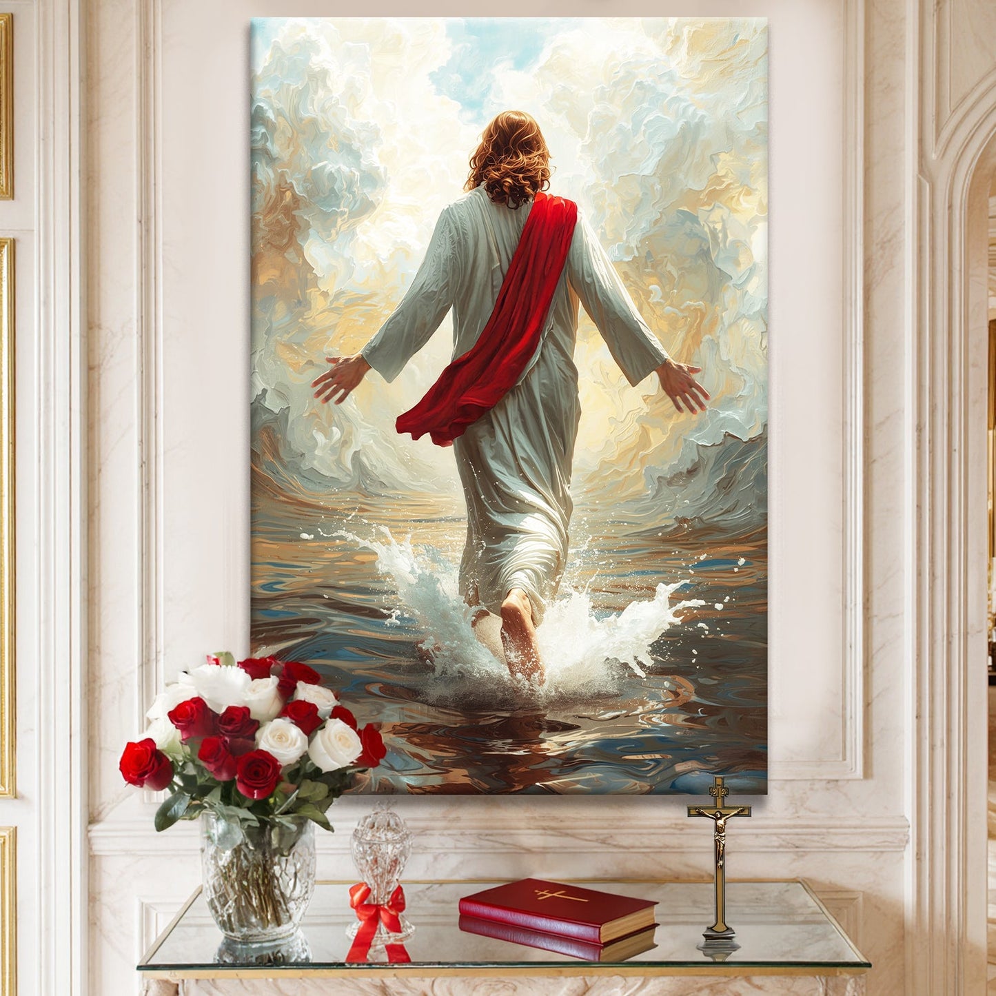 Jesus Christ walking on water canvas wall art with painterly biblical imagery