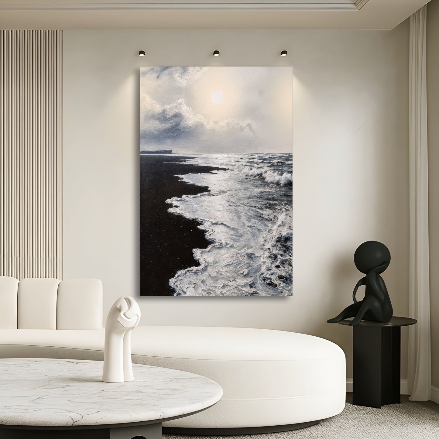 Bold black and white waves abstract canvas wall art — high contrast minimalist art