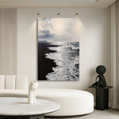 Bold black and white waves abstract canvas wall art — high contrast minimalist art