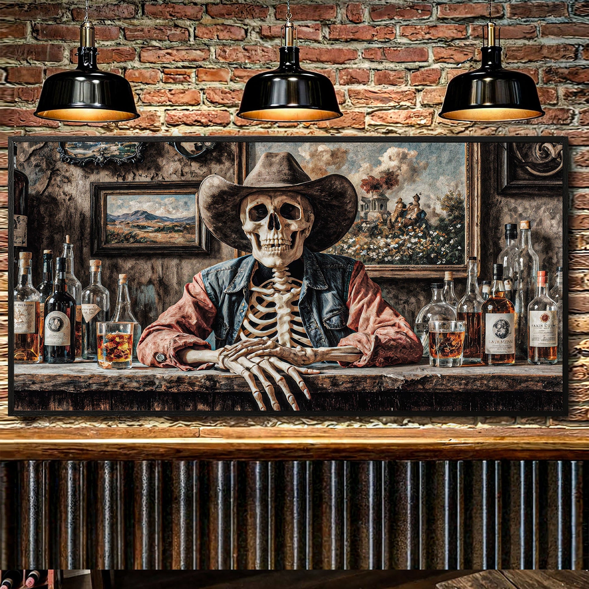 Skeleton cowboy barman western saloon canvas wall art man cave bar decor