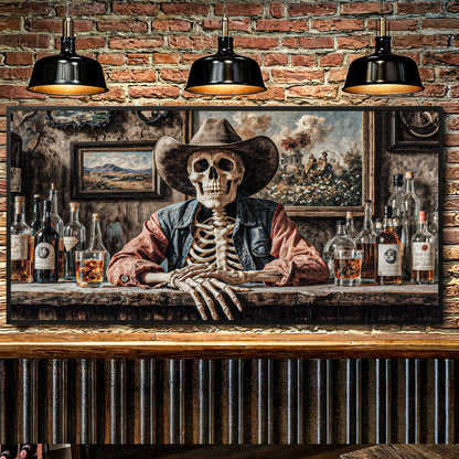 Skeleton cowboy barman western saloon canvas wall art man cave bar decor