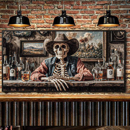 Skeleton cowboy barman western saloon canvas wall art man cave bar decor