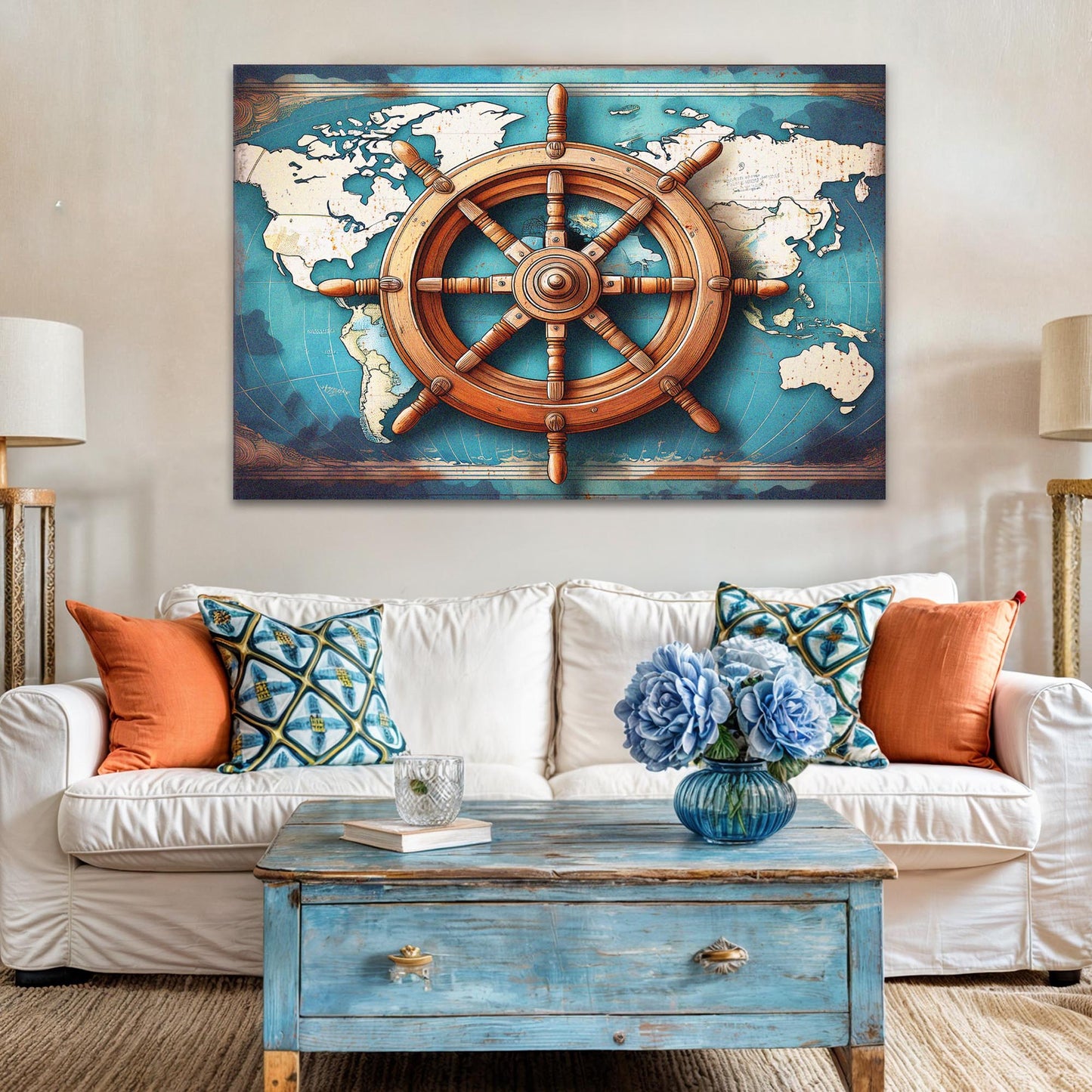 Sailboat and Ship Wheel Coastal Canvas Wall Art