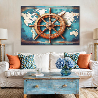 Sailboat and Ship Wheel Coastal Canvas Wall Art