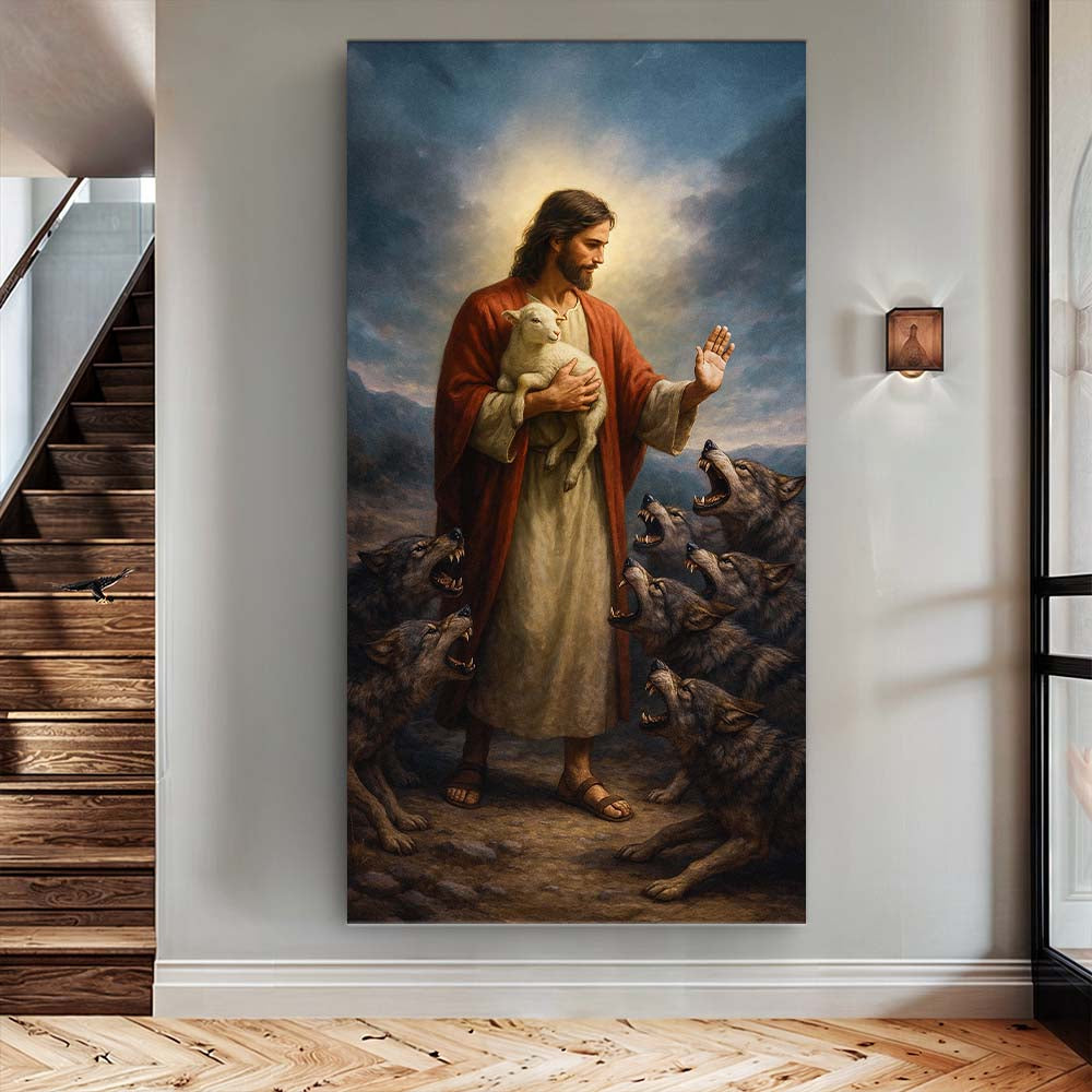 Christian faith canvas Jesus shepherd protecting lamb from wolves pastoral scene