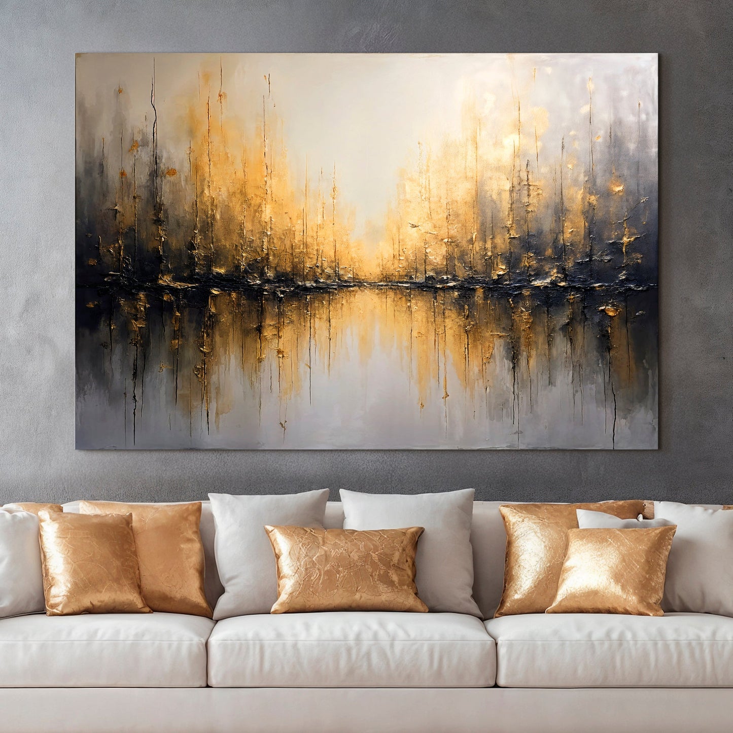 Golden reflections abstract canvas wall art with shimmering gold tones and fluid movement
