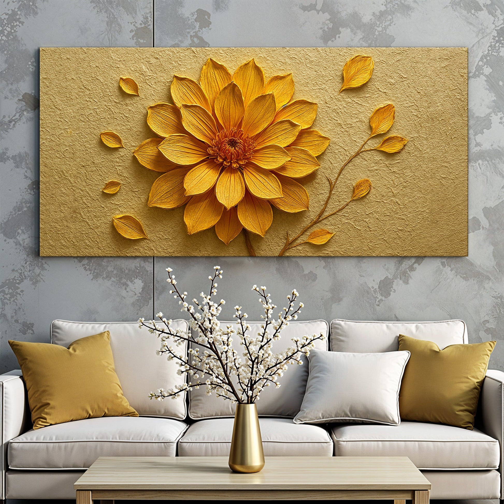 Minimalist golden dandelion canvas wall art with soft abstract botanical composition