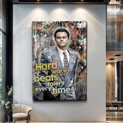 Hard work beats talent motivational canvas wall art with bold direct typography
