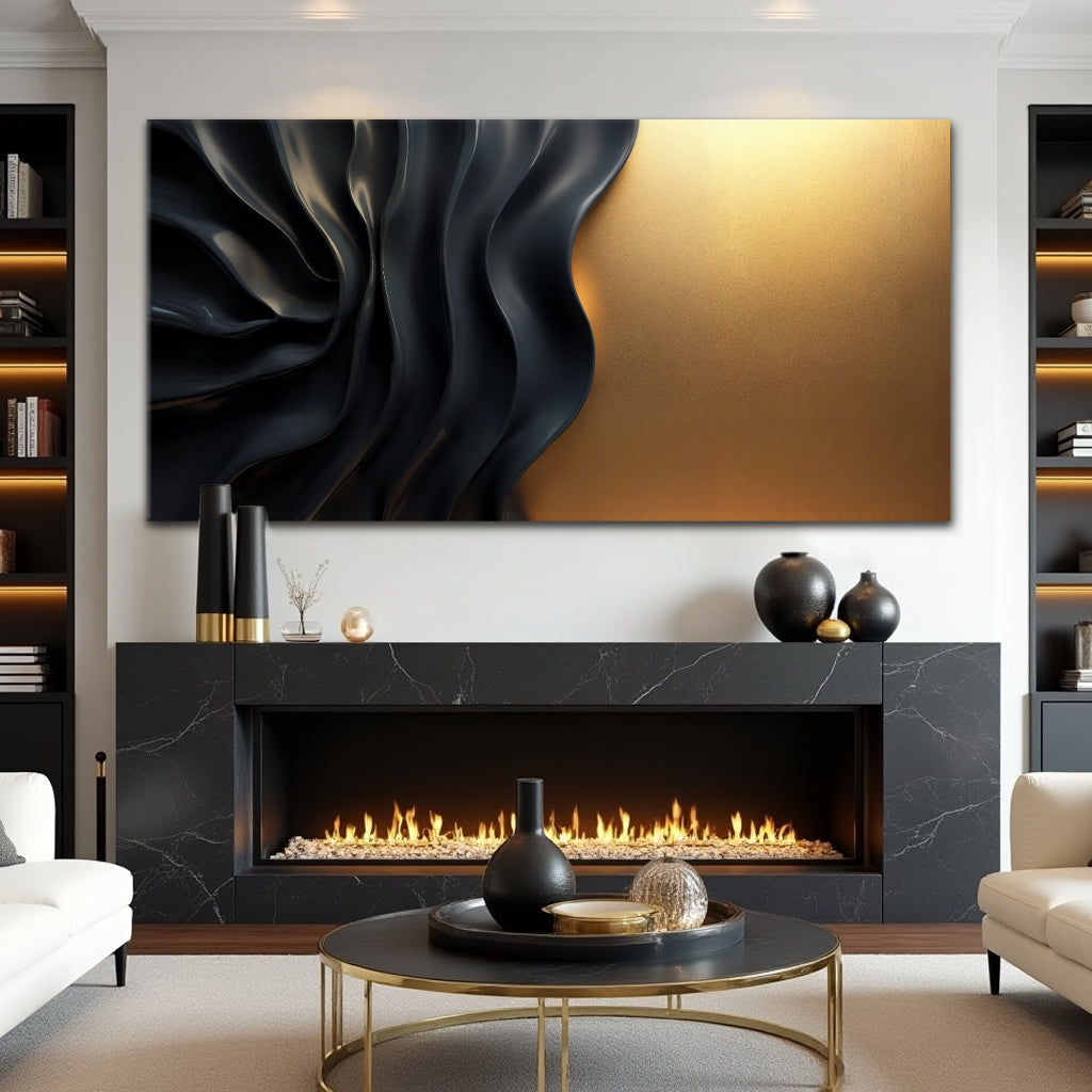 Black and gold abstract minimalist canvas wall art with refined linear composition