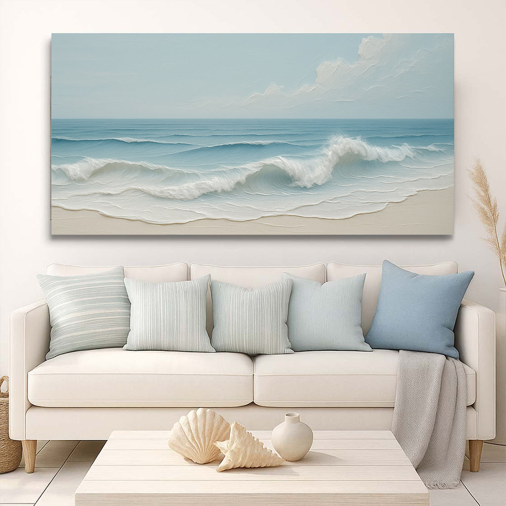 Serene ocean wave coastal canvas wall art in cool blue tones, ready to hang