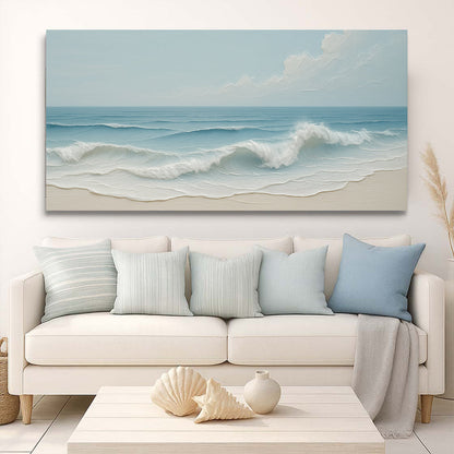 Serene ocean wave coastal canvas wall art in cool blue tones, ready to hang
