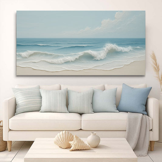 Serene ocean wave coastal canvas wall art in cool blue tones, ready to hang