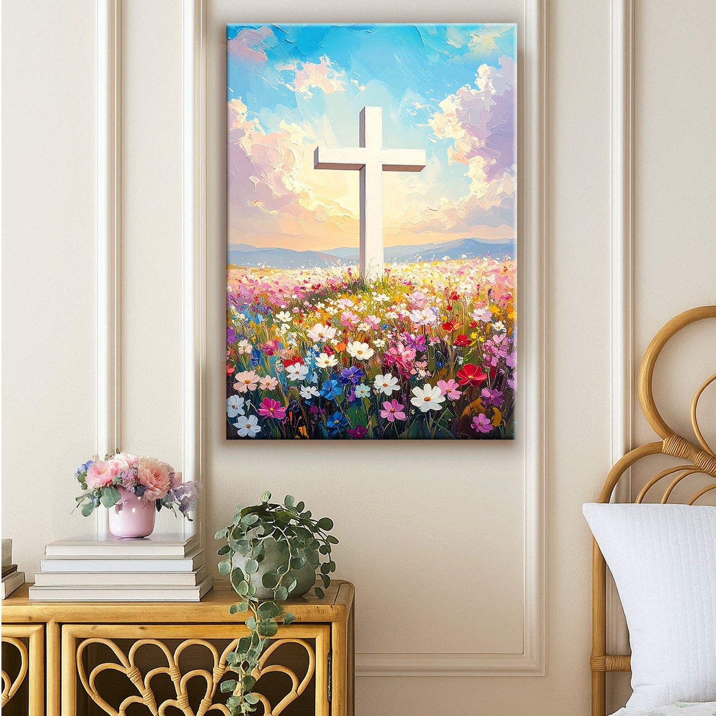 Cross floral field faith canvas wall art Christian flowers and cross religious decor