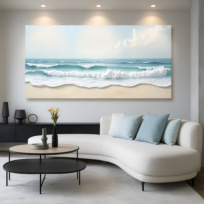 Serene ocean wave coastal canvas wall art in calm natural tones, ready to hang