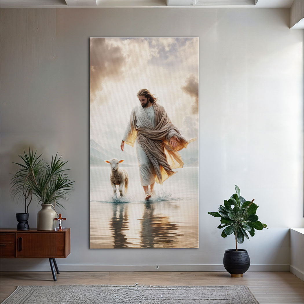 Jesus Protects The Lamb faith canvas wall art with a warm comforting scene, ready to hang