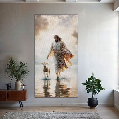 Jesus Protects The Lamb faith canvas wall art with a warm comforting scene, ready to hang