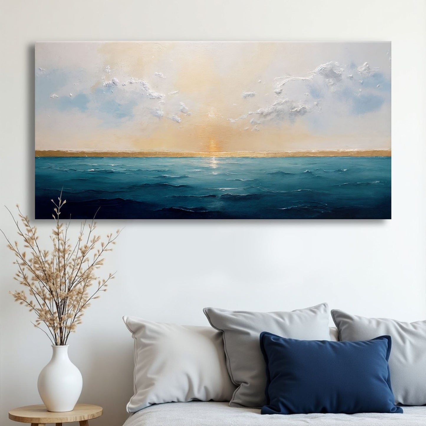 Waterscape abstract canvas wall art VI with flowing teal and blue forms, gallery wrapped