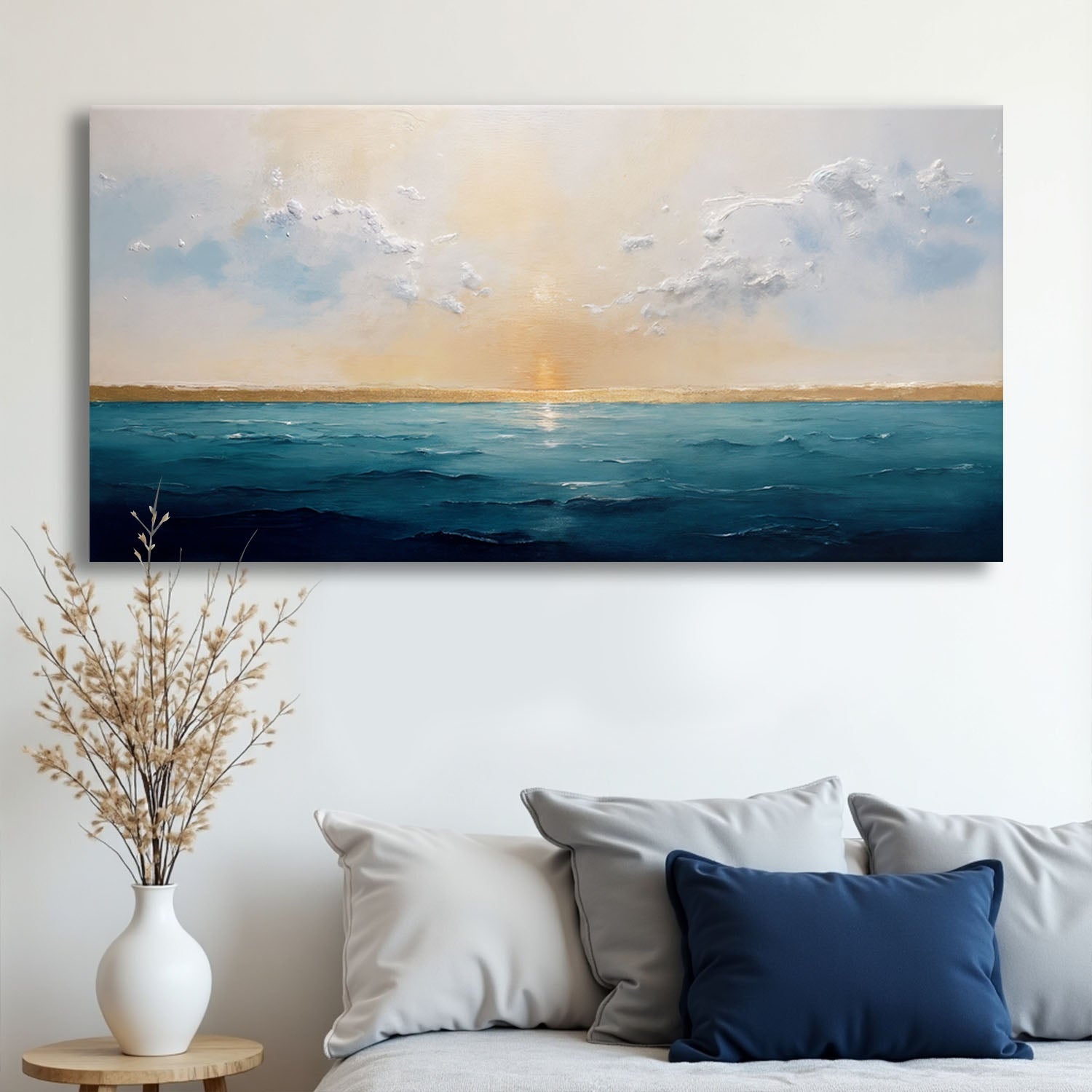 Waterscape abstract canvas wall art VI with flowing teal and blue forms, gallery wrapped