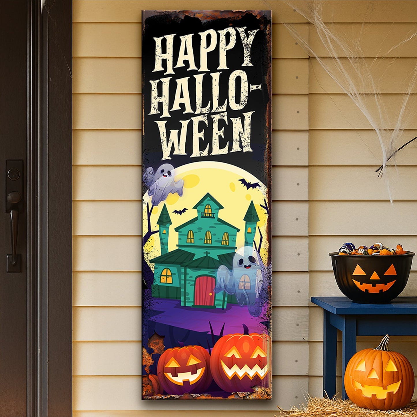 Halloween welcome canvas wall art with festive spooky seasonal typography