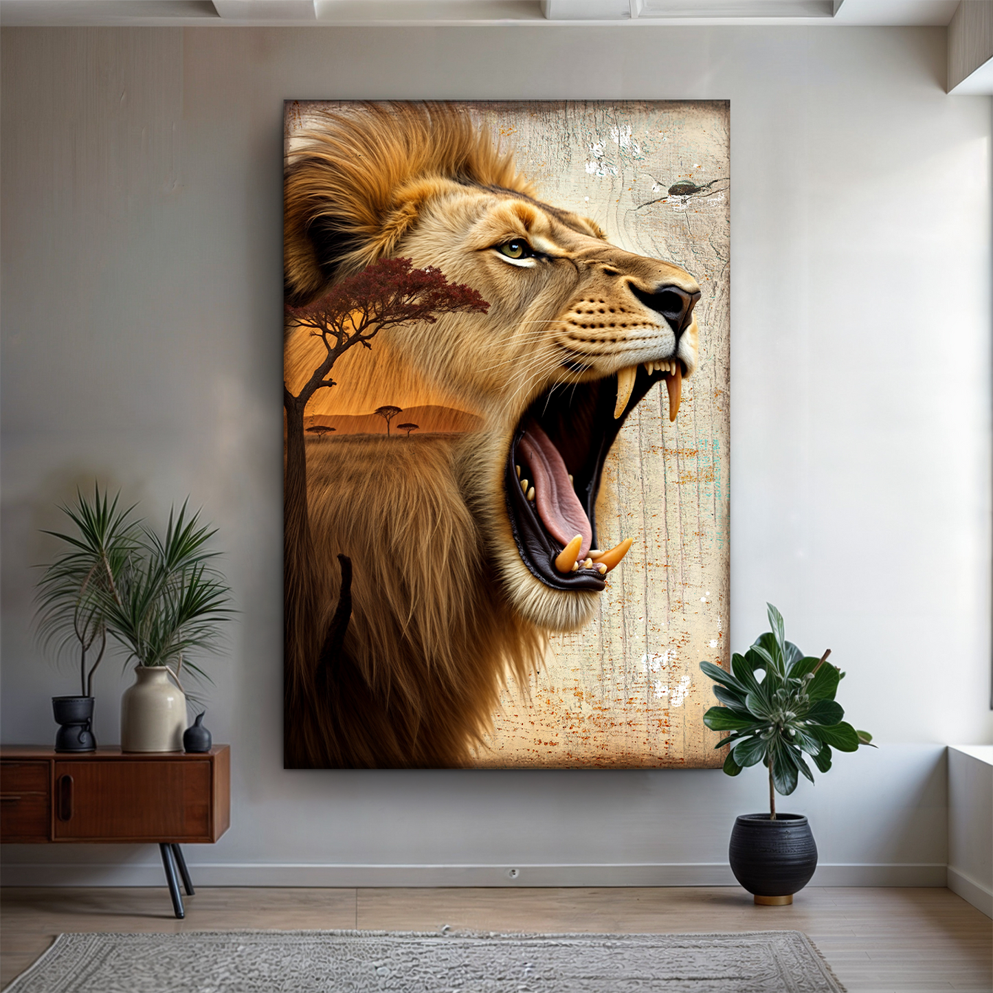 Lion double exposure canvas wall art — wildlife art blending lion with nature landscape