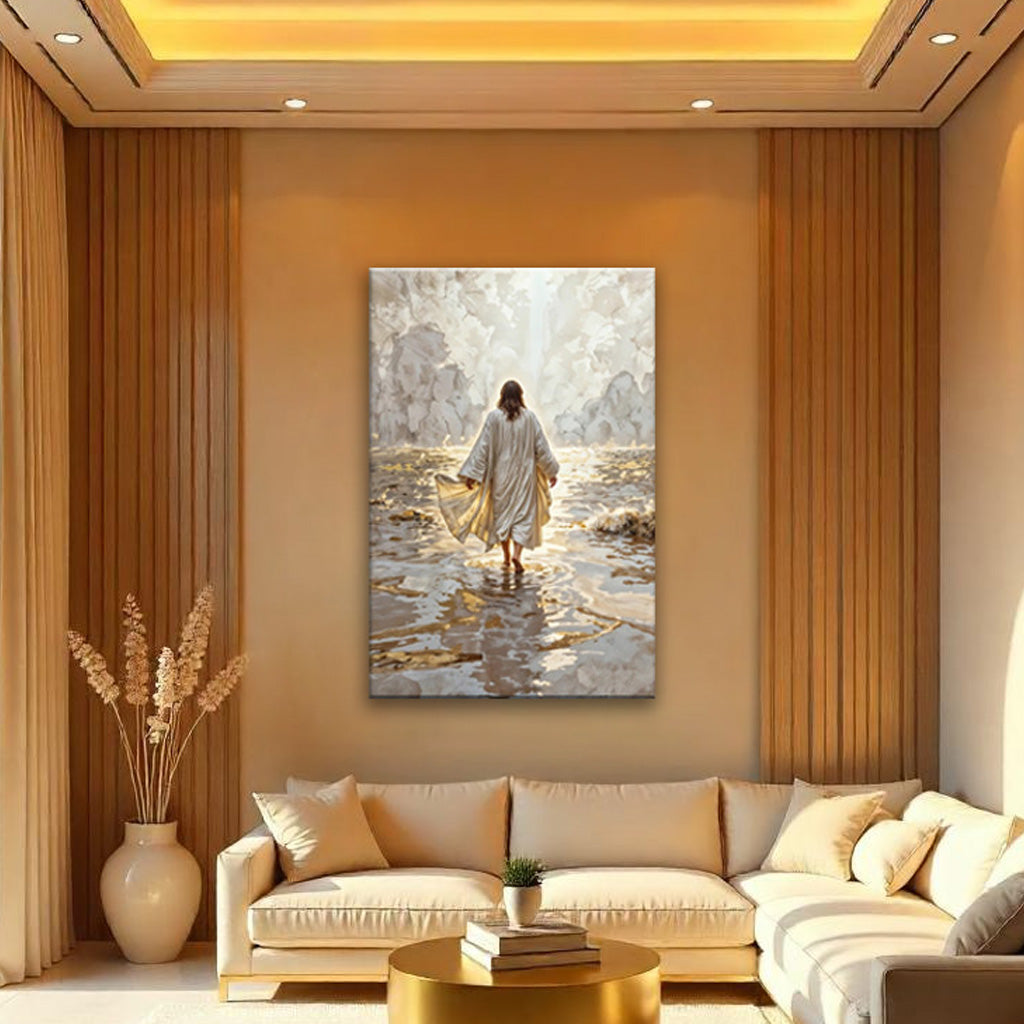 Jesus walking on water faith canvas wall art with dramatic biblical scene
