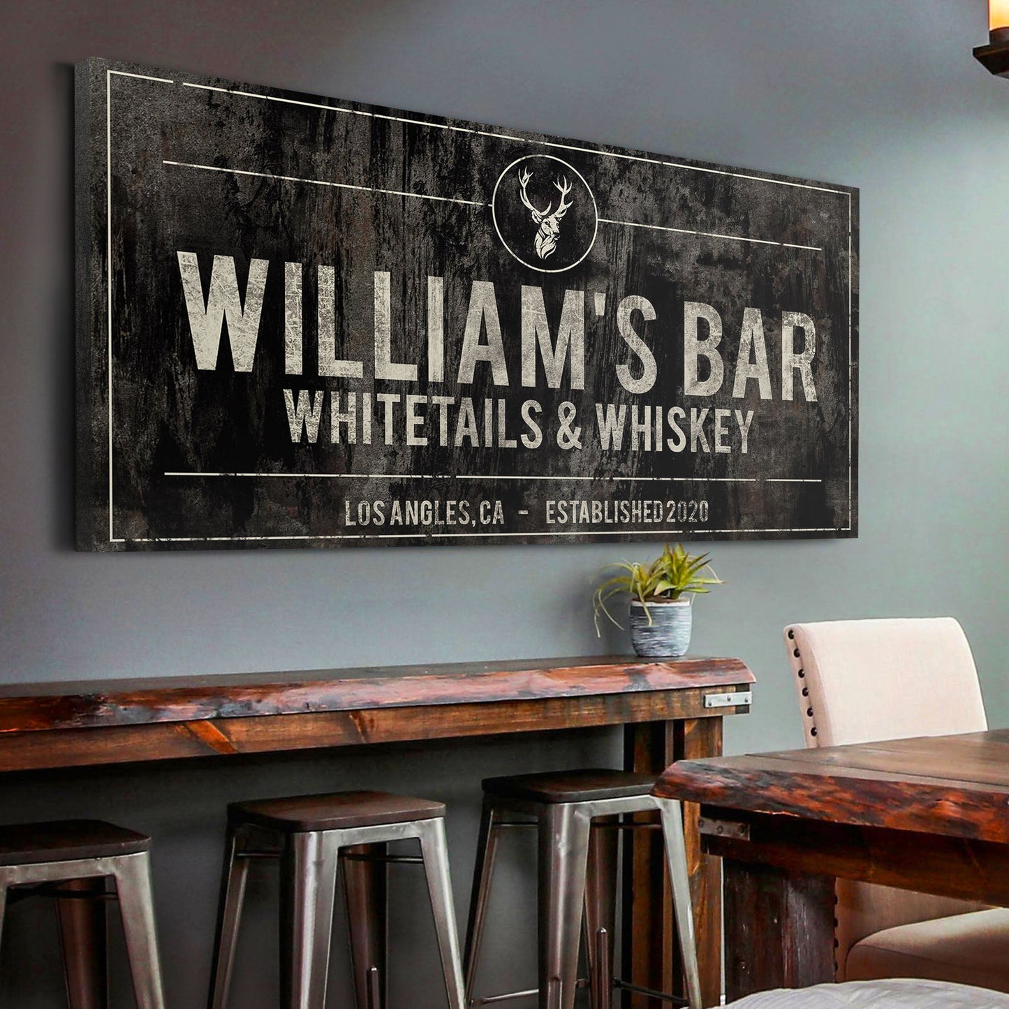 Whitetails and whiskey personalized canvas bar sign with deer and rustic lettering