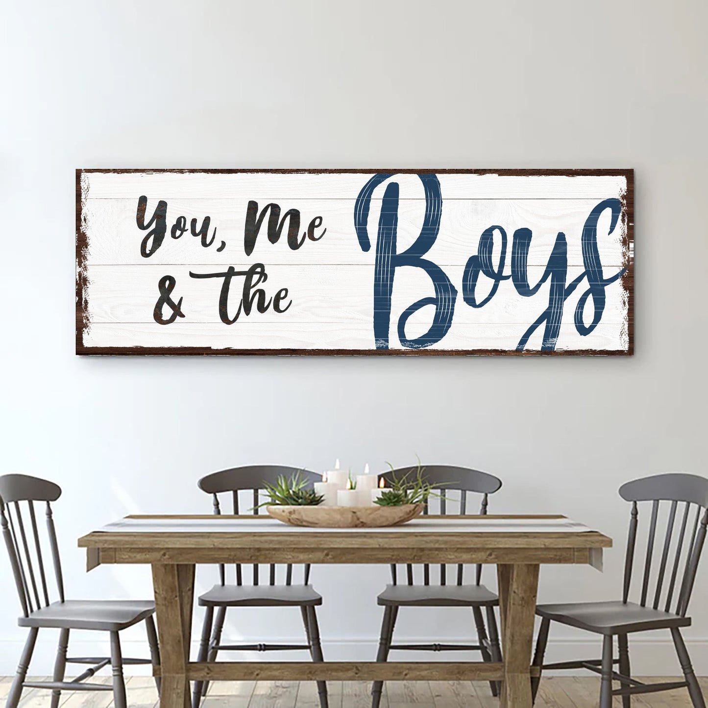 You Me and the Boys family canvas wall art in tall vertical format for hallways