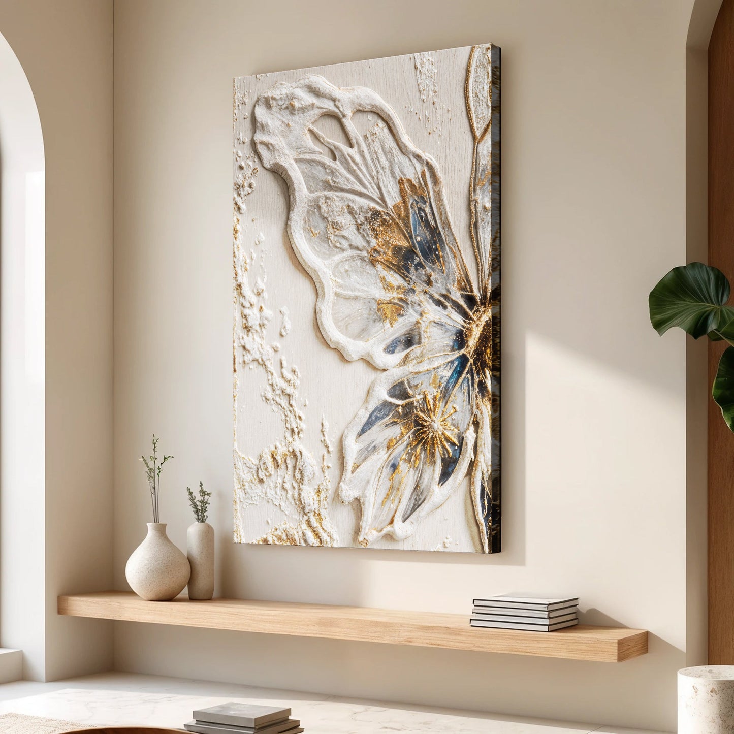 Half butterfly canvas wall art with split symmetry and delicate wing detail